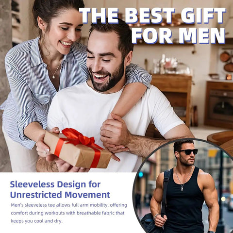 Straight Up Men Solid Cotton Tank Top With Bearded Mechanic Artwork For Gym Grinds And Weekend Grease Monkey Fix Ups Ultra Light Airy Sleeveless Undershirt Providing Actual Sun Shield Coverage worn by a smiling man receiving a gift.