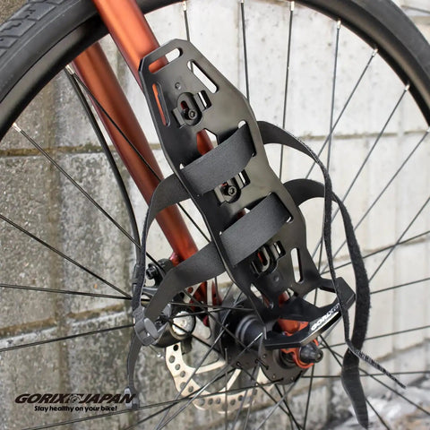 Front Fork Cargo Cage Mount Bottle Holder For Bikes With Large Bikepacking Bag attached to bicycle front fork