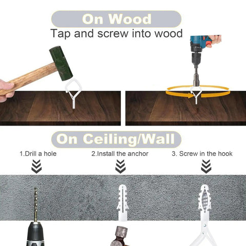 Installation guide for Heavy Duty Eye Screw Hooks With Safety Buckle 35 Piece Set White Metal Ceiling Hooks.