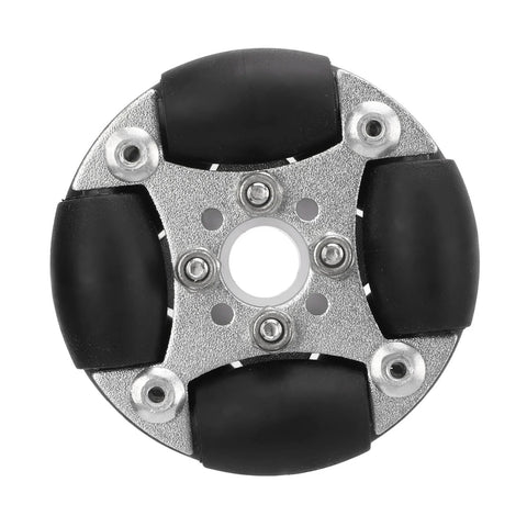 48mm omnidirectional robot wheel with aluminum alloy, black rollers, and 360-degree rotation capability for small robot chassis.