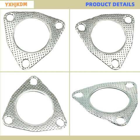 Set of four 2.5-inch exhaust gaskets with fire ring, three-bolt triangular flange, 63.5 mm inner diameter, graphite.