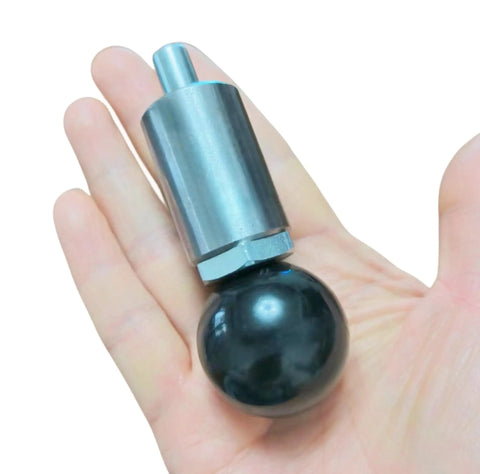 Half Inch T Knob Spring Loaded Pop Pin with zinc plated steel plunger and black plastic T handle ball end in hand