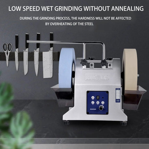 Slick 10 Inch Water Cooled Wet Grinding Machine With Dual Variable Speed Stones For Precision Edge Tool Sharpening on countertop.