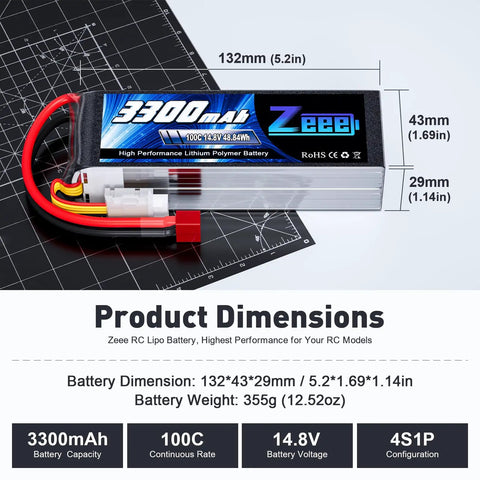 4S 14.8V 3300mAh 100C Soft Pack LiPo Battery With T Plug, dimensions and weight displayed, for RC models