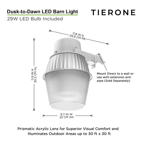 Diagram of No Fuss 250W Equivalent Barn Light With 29W LED Bulb Energy Saving Outdoor Dusk To Dawn Flood Light With Photocell UL Listed Security Light For Barn Garage Yard Warehouse 4000K 3300LM 120V Gray 1 Pack showing dimensions and features.
