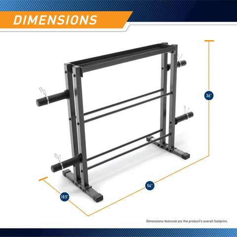 Rugged Three Tier Combo Weight Storage Rack For Home Gym Dumbbell Kettlebell And Plate Organization Built Tough Steel Frame dimensions showing 36" height, 54" width, 18.5" depth.
