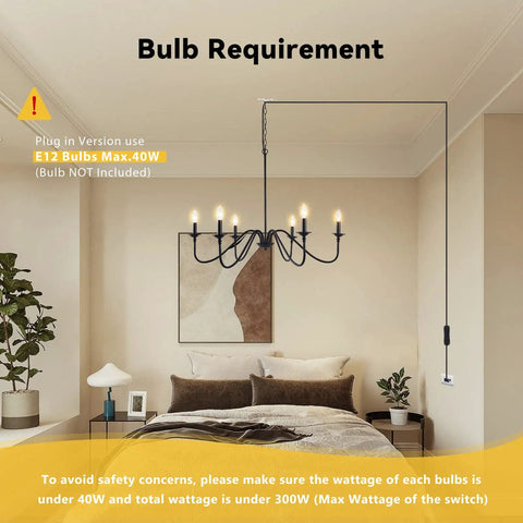 Bedroom with 34.6 Inch Dimmable Plug In Chandelier, 6 Light Modern Farmhouse Pendant Light over bed, cord visible.