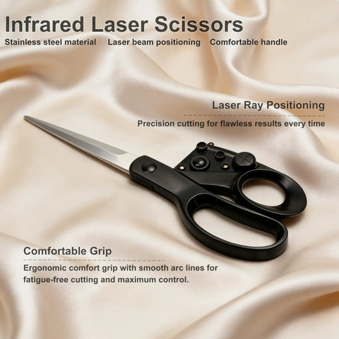 Infrared Laser Scissors with stainless steel blades, ergonomic handle, and laser guide for precise cutting on fabric and paper.