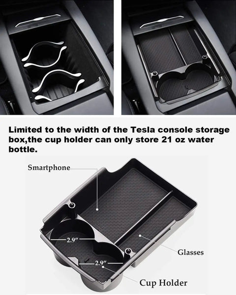 Tesla Model S X Center Console Organizer With Armrest Storage Box And Cup Holder For 2016 To 2021 Models, interior view