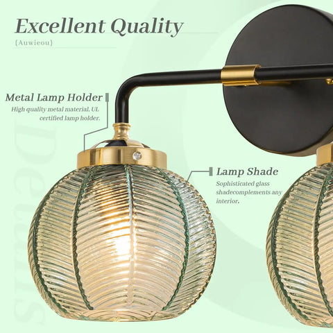 Close-up of Two Light Black Bathroom Vanity Light With Retro Wall Sconce And Ribbed Green Glass Shades Mid Century Modern Farmhouse Style