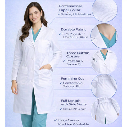 Med Pros Unisex Lab Coat With Belted Back 40 Inch White XL Lapel Collar Front Button Closure 1 Chest Pocket 2 Lower Pockets Durable Uniform Essential For Daily Lab Work displayed on a mannequin