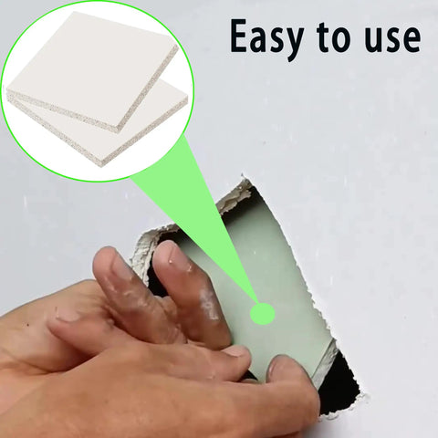 Hands installing Two Pack 12 By 12 By One Half Inch Drywall Patch Panels For Large Hole Repair Easy Wall Patch Kit.