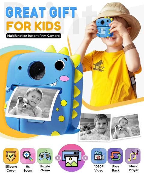 Kids Camera With Dinosaur Silicone Case 1080P Toddler Digital Camera For Boys And Girls Ages 3 To 8 With Instant Photo Printing And 3 Roll Print Paper Blue Fun Toy, front view