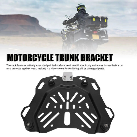 Rugged Carbon Steel Motorcycle Trunk Base Plate Rack Mount For 45L Storage Box shown with scenic motorcycle background