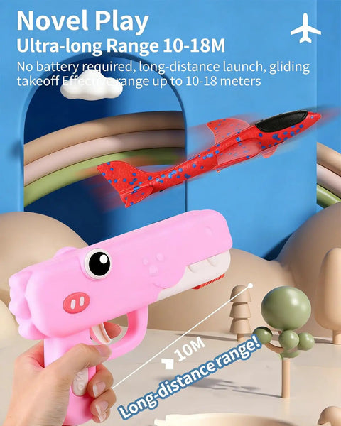 Dinosaur Foam Glider Launcher Toy with 8 Inch Foam Glider demonstrating long-range flight, durable outdoor styrofoam airplane for kids.