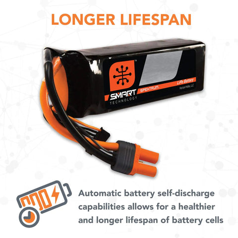 Smart RC Hobby-Grade LiPo Battery Pack 3200mAh 3S 11.1V 30C IC3 Connector shown with orange cables and smart technology label.