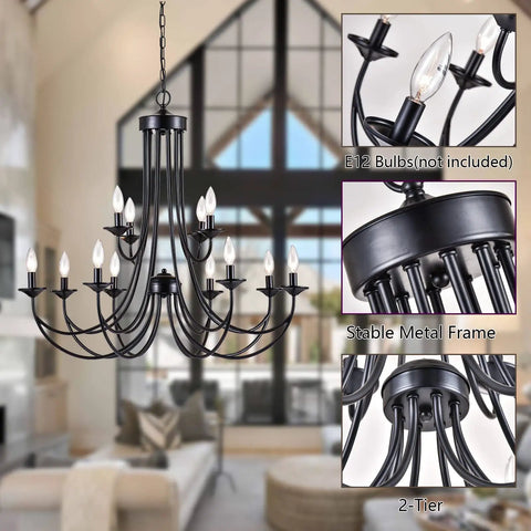 Farmhouse Twelve Light Candle Chandelier Black Wrought Iron Pendant Light 2 Tier Rustic Industrial Ceiling Fixture