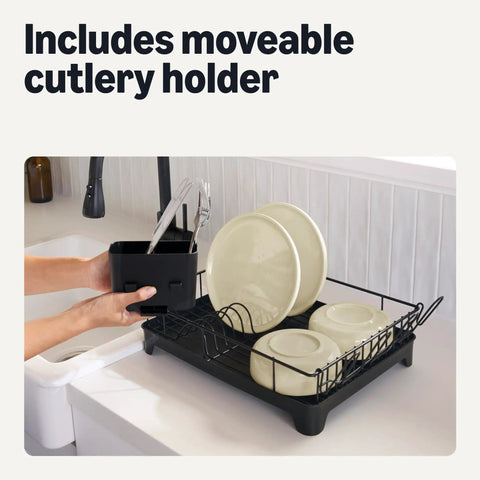 Sleek Stainless Steel Dish Drying Rack Kitchen Counter Organizer Rust Resistant Space Saver With Drain Board Rotatable Spout Easy Peasy Cleanup Fits 10 Pieces For Your Nifty Spot Black with cutlery holder.