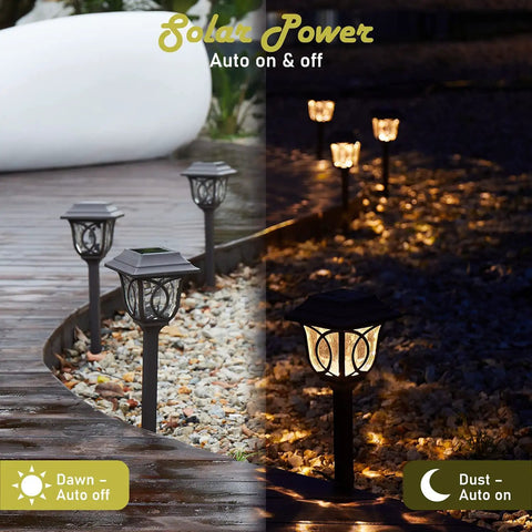 Day and night view of Ultra Bright 25 Lumen Solar Pathway Lights 6 Pack SMD LED Outdoor Waterproof IP65 Auto On Off Glass