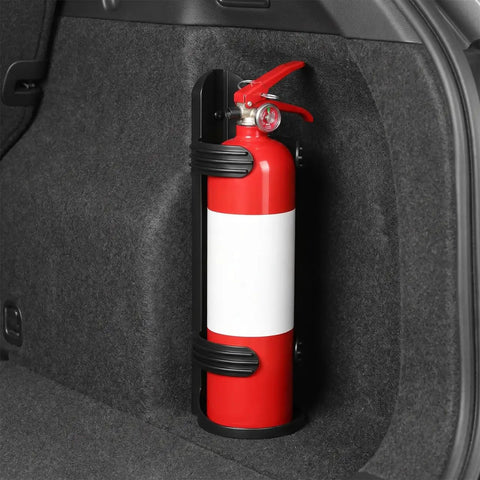 Rock Solid Wall Mount Fire Extinguisher Bracket For Car And Boat in black iron holding red fire extinguisher securely in vehicle
