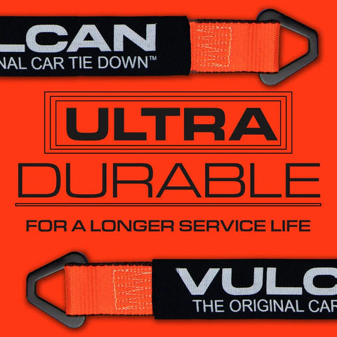 Rough And Ready Heavy Duty Car Tie Down Axle Straps With Full Body Cordura Wear Pads, orange strap with D-ring.