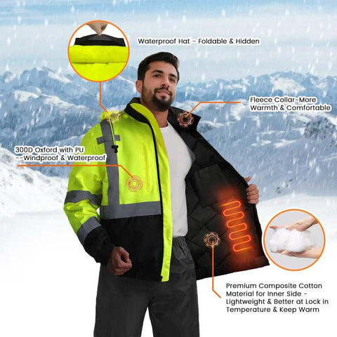 Heavy Duty Class 3 Hi Vis Reflective Jacket For Men, Waterproof Winter Bomber Work Coat, showing inner heating elements and fleece collar.