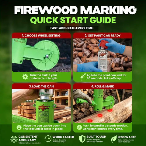 Dead On Firewood Measuring Tool And Log Line Marking Accessory With 16 Inch Rolling Wheel demonstrating marking steps for precise cuts.