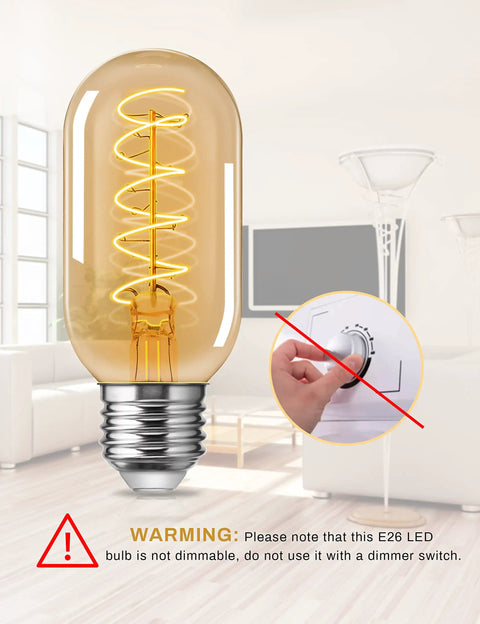 4 Pack Vintage Edison LED Bulbs 4W Filament With 60 Watt Equivalent T45 Style Non Dimmable Warm White 2700K E26 Base