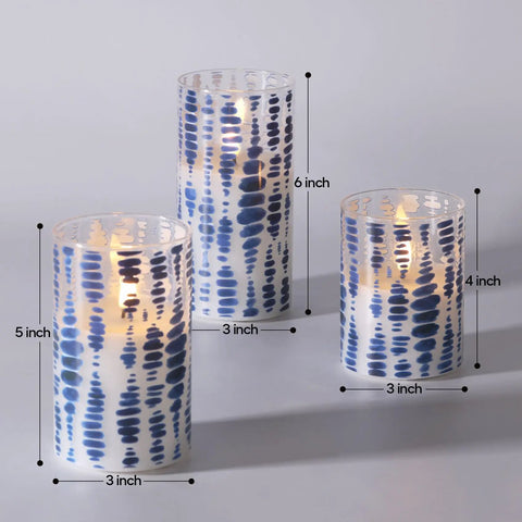 Blue Dots Flameless LED Candles In Glass Jars Set Of 3 With Remote Control Realistic Flicker Pillar Candles displayed by size
