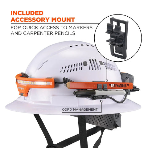 Skullerz 8886 Wide Beam Headlamp with hard hat mount, included accessory mount for pencils, cord management visible.