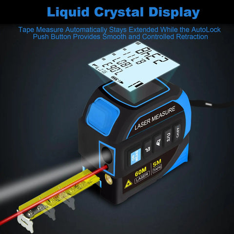 4 In 1 Laser Measure Tool With 60m Range Laser Distance Meter And 16Ft Self Locking Tape Cross Line Dual Axis Angle Finder Rechargeable Pro Grade Build Kit For Pros with LCD display and extended tape