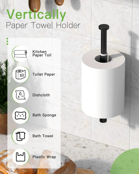 Vertically mounted adjustable self adhesive paper towel holder in kitchen setting on wall, shows versatility for various uses.