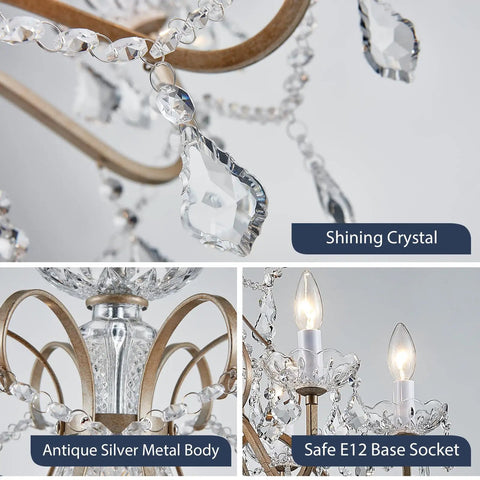 Close-up of Rustic Black Iron Pendant Chandelier with crystal accents, showcasing crystal details and E12 base sockets.