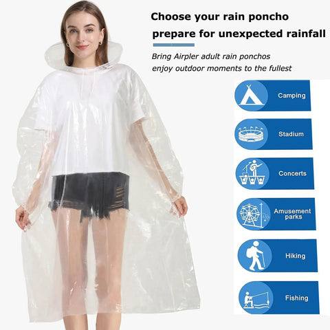 Clear Rain Ponchos For Adults With Hood 4 Pack Lightweight Tear Resistant Emergency Rain Gear For Travel And Outdoor Adventures One Size Fits Most Ideal For Rainy Travel Or Camping Trips