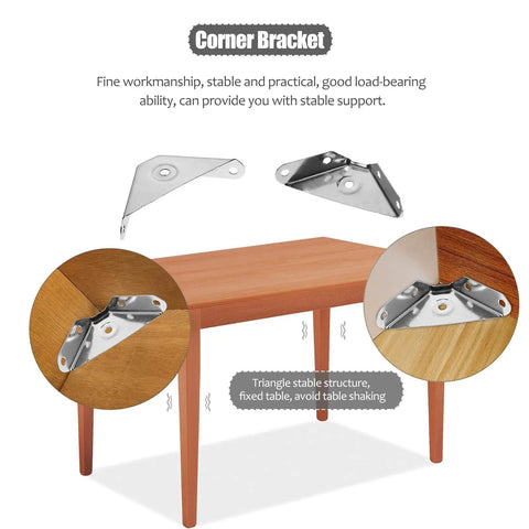 24 Pack Stainless Steel Angle Corner Brackets for Furniture Cabinet Support on wooden table with triangular structure