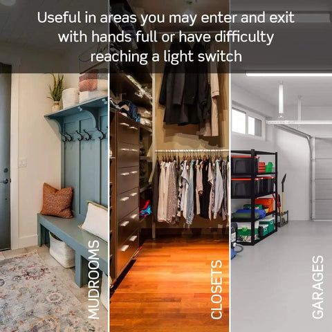 Motion Sensor Light Switch Auto On Off No Neutral Wire Required shown in mudrooms, closets, garages.