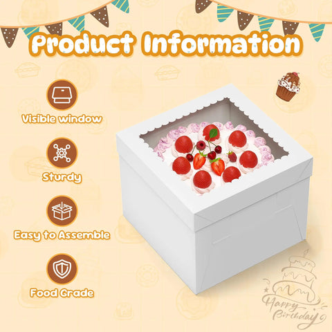 3 Pack Tall Cake Boxes With Clear Window 10x10x8 Inch Bakery Containers Including Thick Cardboard Boards Plus Decorative Stickers, sturdy design.