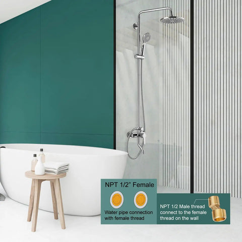 Modern bathroom with Exposed Chrome Shower System With 8 Inch Rainfall Shower Head, ABS Handheld Sprayer, and tub spout