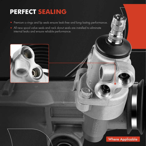Close-up of hydraulic power steering rack and pinion for Kia Sorento 2011-2013 and Hyundai Santa Fe 2010-2012, focus on sealing