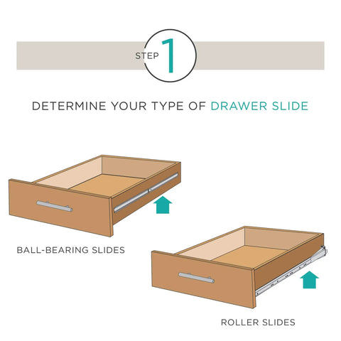 Step 1 diagram showing differences between ball-bearing and roller slides for drawer installation.