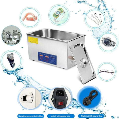 Super Strong 10 Liter Stainless Steel Ultrasonic Cleaner With Digital Timer For Fast Deep Cleaning Of Jewelry Glasses Watches And More, showing interior.
