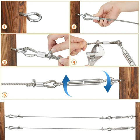 Installation guide for Heavy Duty One Eighth Inch Stainless Steel Wire Rope Kit That Works Like A Workhorse With One Hundred Feet Of Seven By Seven Cable M6 Turnbuckles Thimbles U Bolts Crimp Sleeves And Lag Screws For Hanging Lights And String Lines