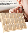 Premium Pine Wood Jewelry Display Tray With Eighteen Velvet Lined Slots showing velvet sections for earrings and accessories.