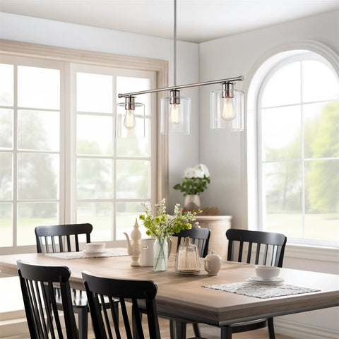 Dining room with Sloane 31-Inch 3-Light Modern Industrial Farmhouse Island Light With Clear Glass Shades, Brushed Nickel Finish