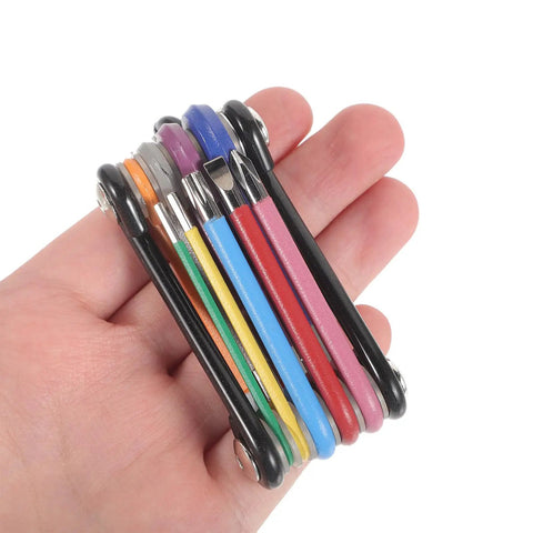 Get Your Tools Ready With This Awesome Foldable Hex Key Set Featuring Colorful Small Metric Wrenches Perfect For Super Quick Bike Repairs And Home Plumbing Jobs To Save You Time. Compact steel color-coded metric hex key set in hand for bike and home repairs