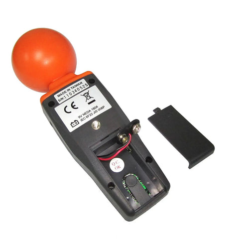 Back view of RF EMF Strength Meter Pro For Home Use 50MHz To 3.5GHz Electromagnetic Field Detector with battery compartment open.