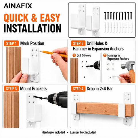 Installation steps for Heavy Duty Door Barricade Brackets 2 Pack Rust Proof White Steel Reinforcement Bars for Standard 2x4 Lumber.