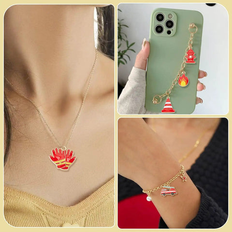 Firefighter Enamel Charms Set 30 Pieces In 15 Styles For DIY Jewelry Making Necklaces And Keychains, showing necklace, phone chain, bracelet
