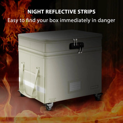 Rock Solid Fireproof Document Box With Secure Lock And Smooth Rollers Collapsible Portable Filing Cabinet Water Resistant Storage Organizer Roomy Beige with night reflective strips