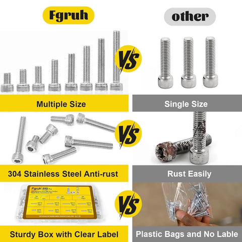 Comparison of Top Shelf M4 Hex Socket Screw Assortment Kit With 490 Metric Sizes From Six To Thirty Millimeters to other fasteners.